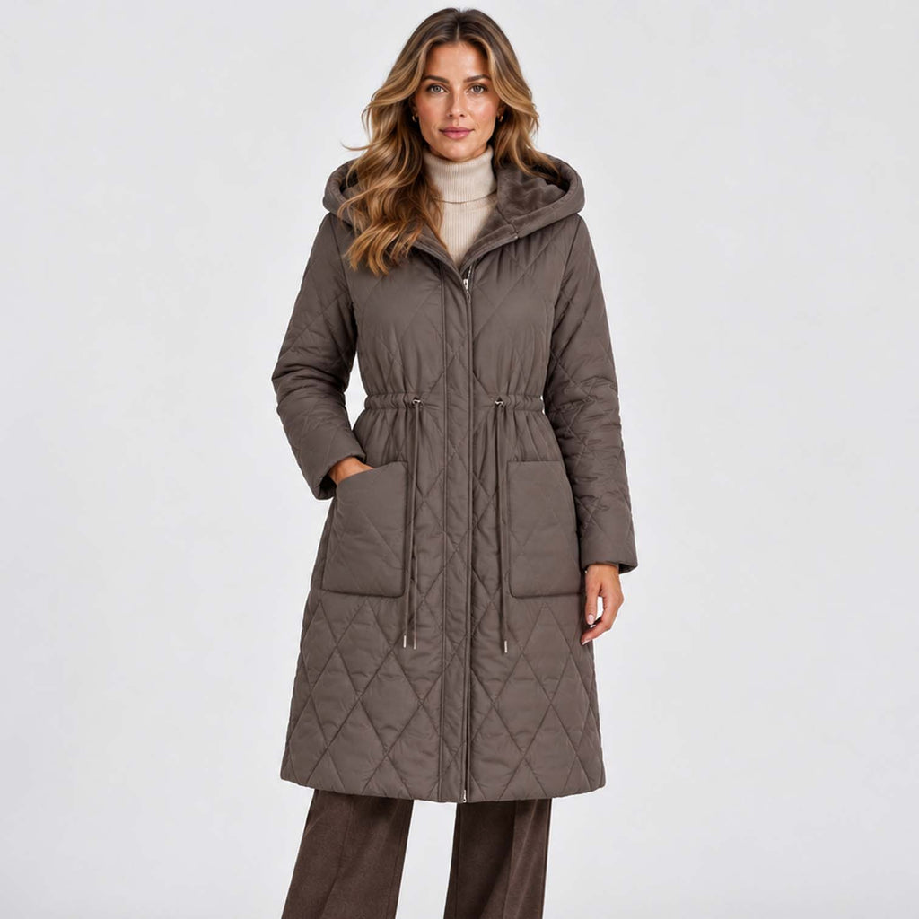 Monvaline | Women's Long Puffer Coat, Faux Fur Collar, Diamond Quilted