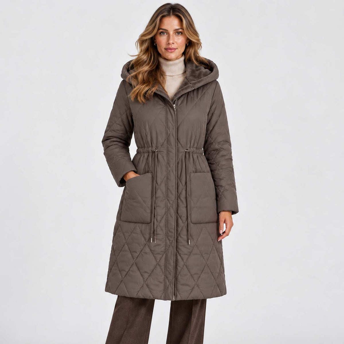 Monvaline | Women's Long Puffer Coat, Faux Fur Collar, Diamond Quilted