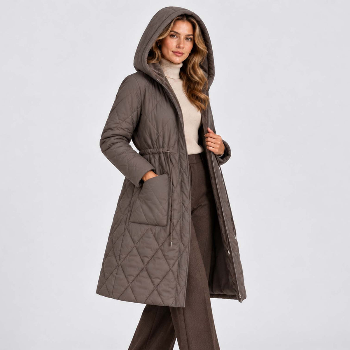 Monvaline | Women's Long Puffer Coat, Faux Fur Collar, Diamond Quilted