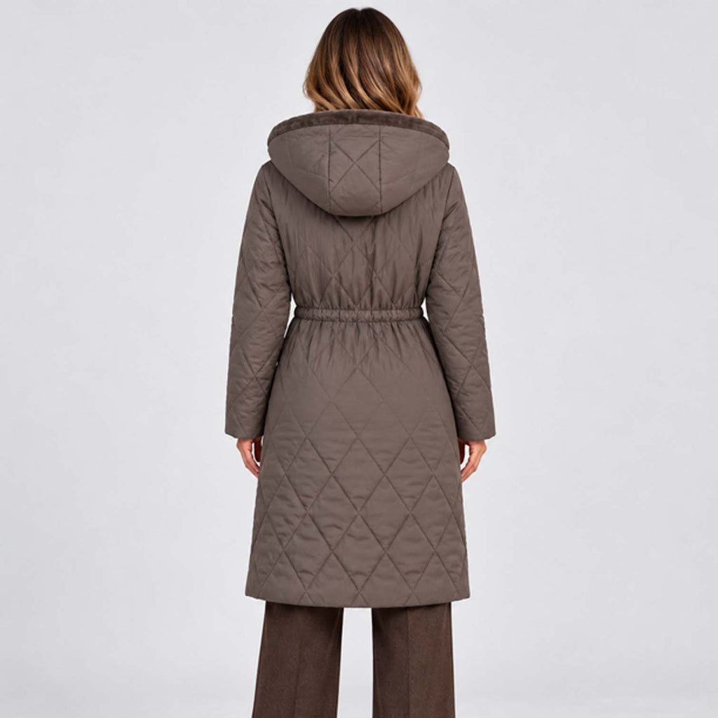 Monvaline | Women's Long Puffer Coat, Faux Fur Collar, Diamond Quilted