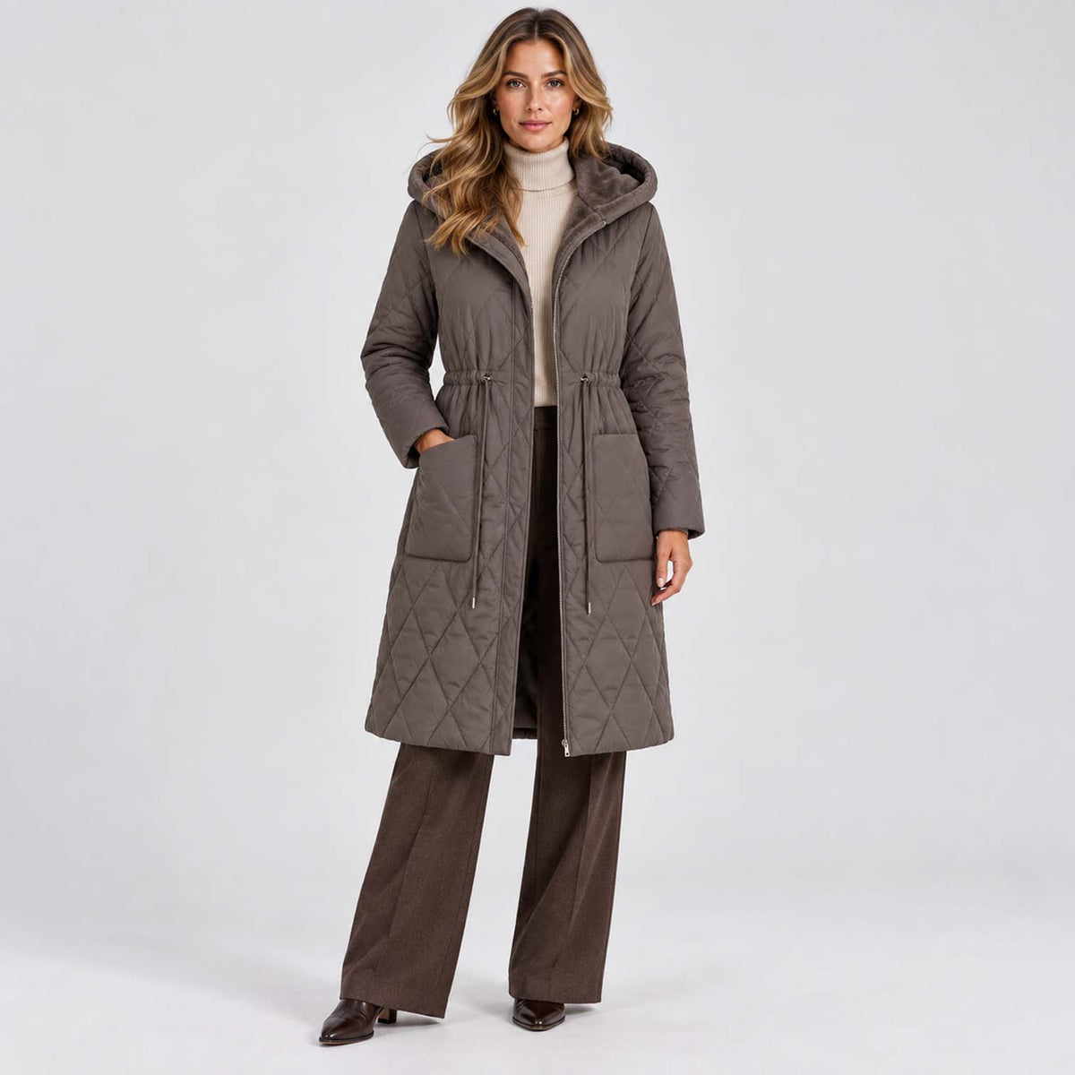 Monvaline | Women's Long Puffer Coat, Faux Fur Collar, Diamond Quilted