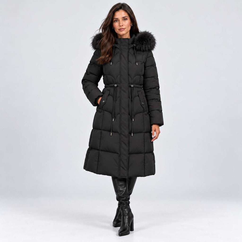 Monvaline | Women's Long Puffer Coat – Quilted Faux Fur Hood