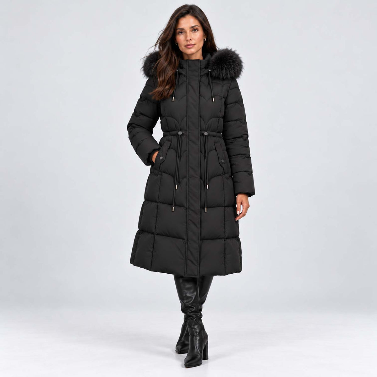 Monvaline | Women's Long Puffer Coat – Quilted Faux Fur Hood