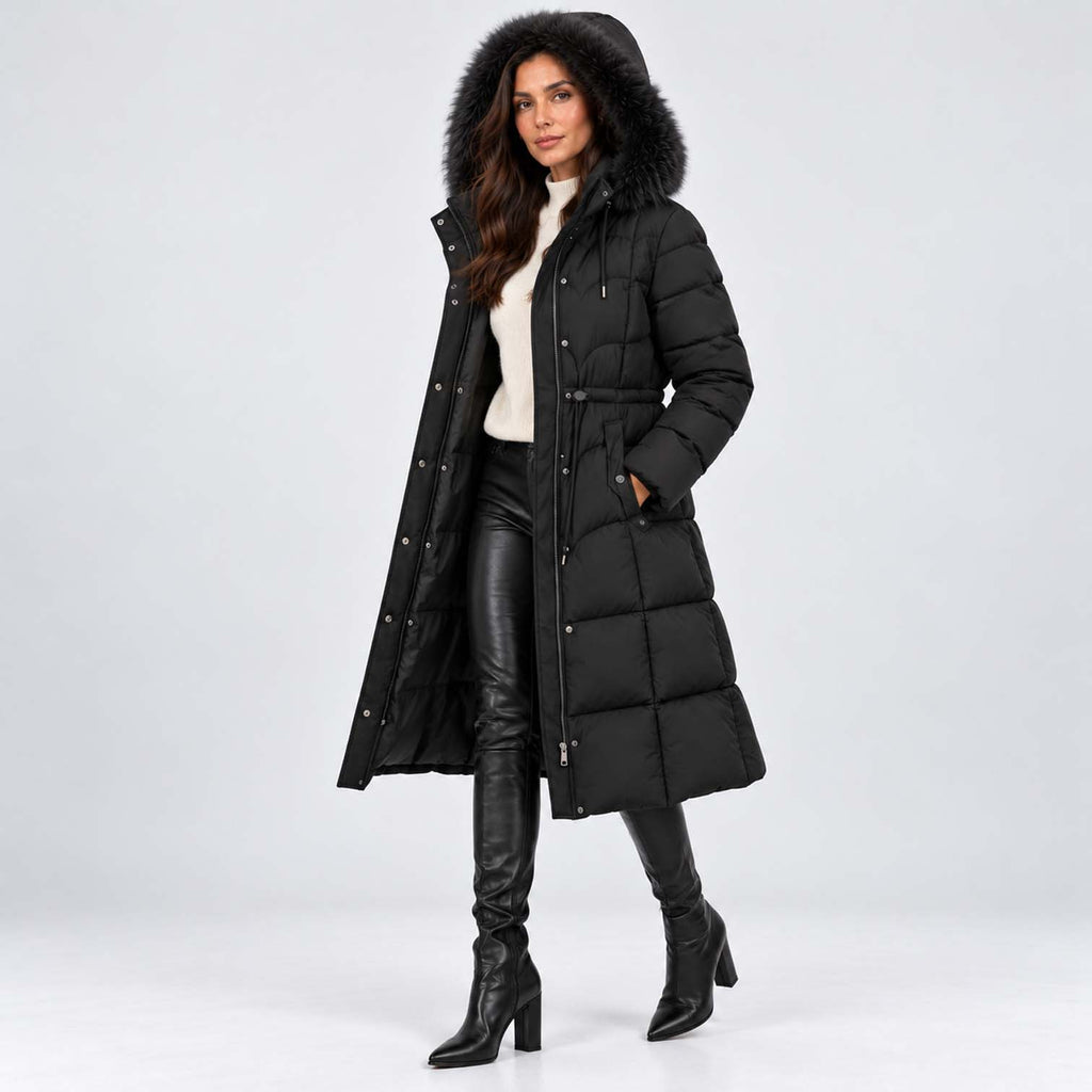 Monvaline | Women's Long Puffer Coat – Quilted Faux Fur Hood