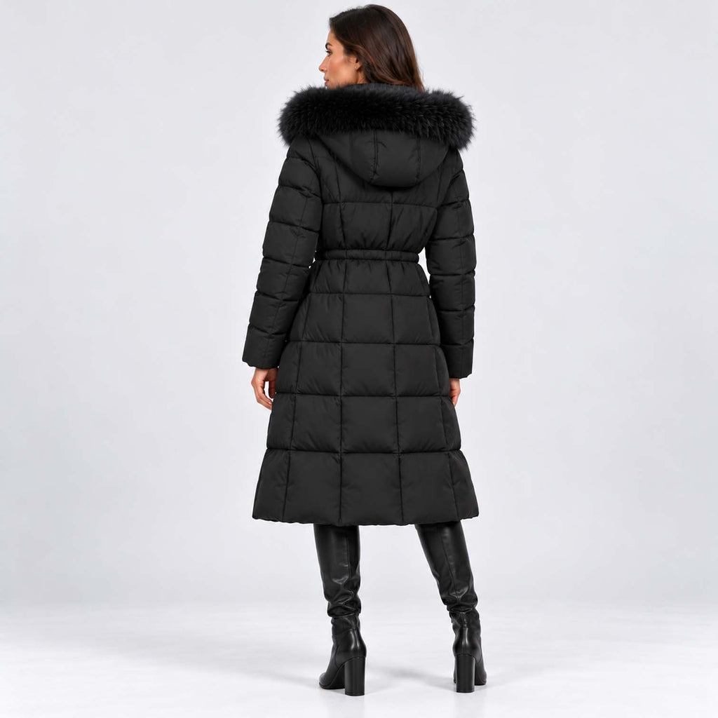 Monvaline | Women's Long Puffer Coat – Quilted Faux Fur Hood