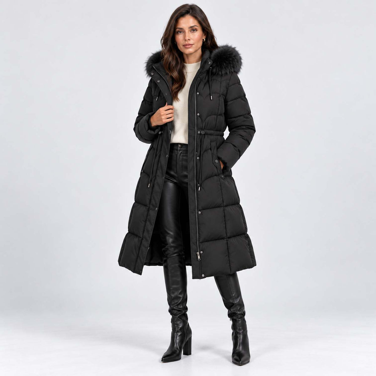 Monvaline | Women's Long Puffer Coat – Quilted Faux Fur Hood