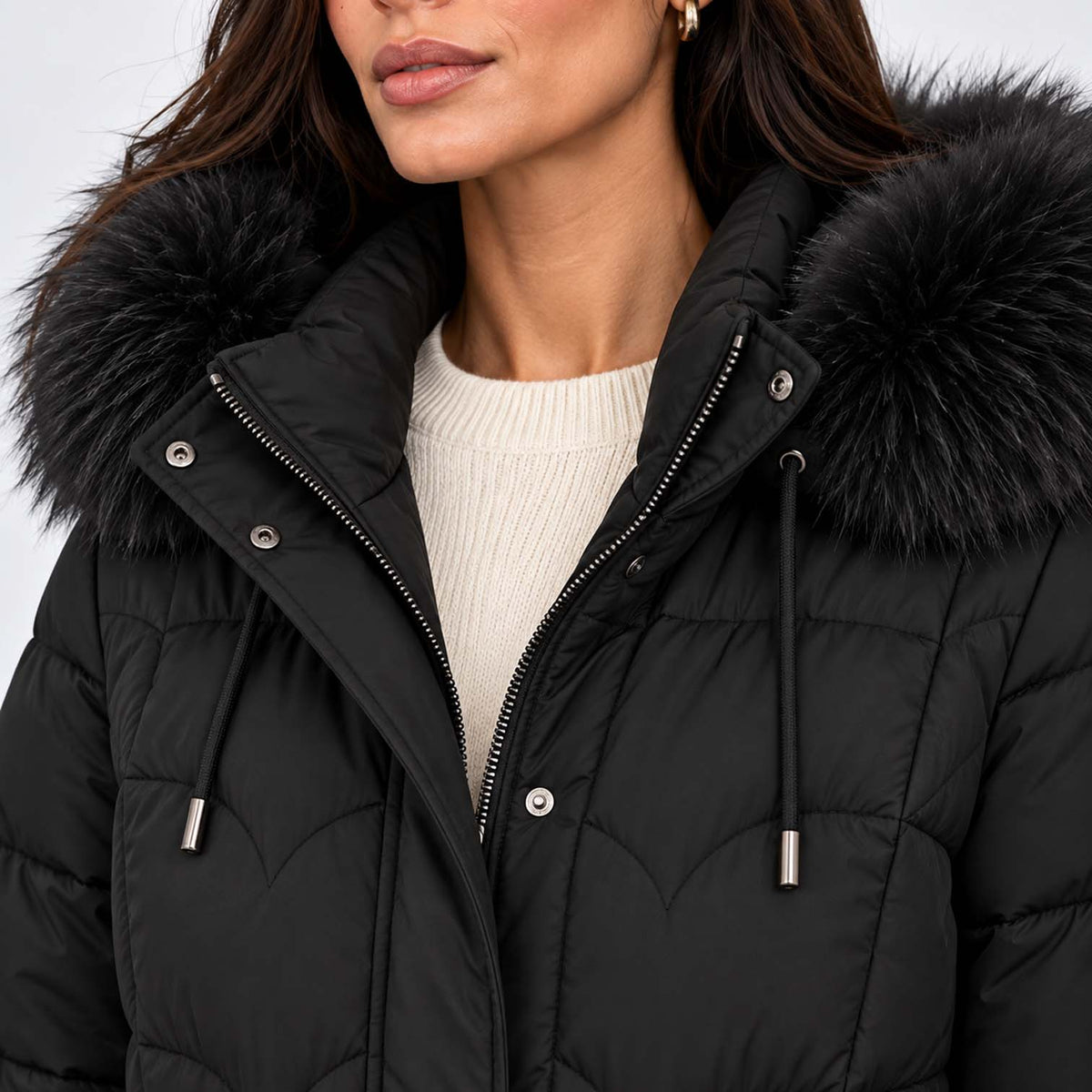Monvaline | Women's Long Puffer Coat – Quilted Faux Fur Hood