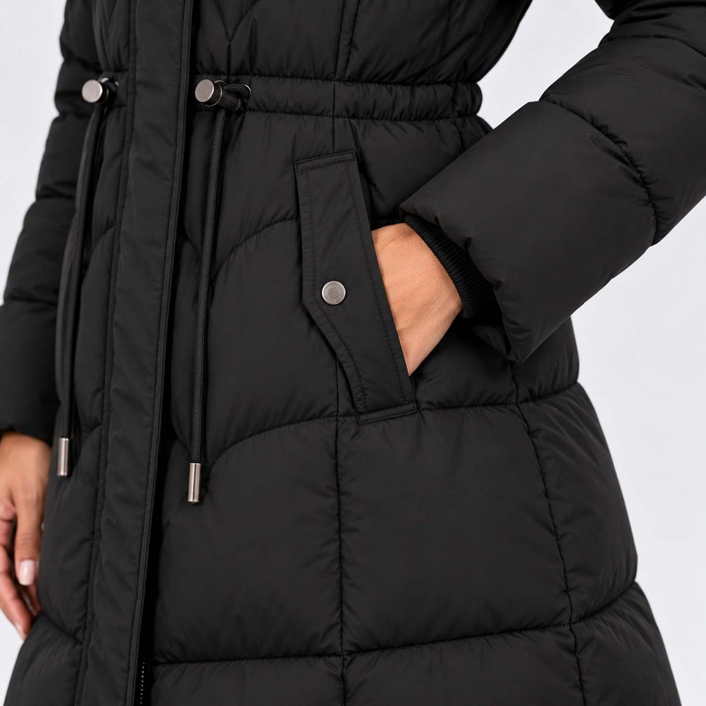 Monvaline | Women's Long Puffer Coat – Quilted Faux Fur Hood