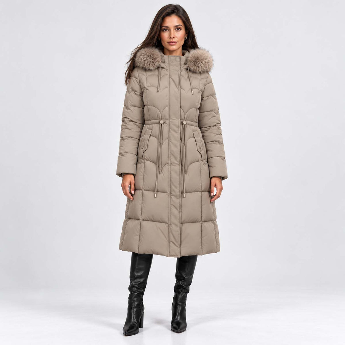 Monvaline | Women's Long Puffer Coat – Quilted Faux Fur Hood