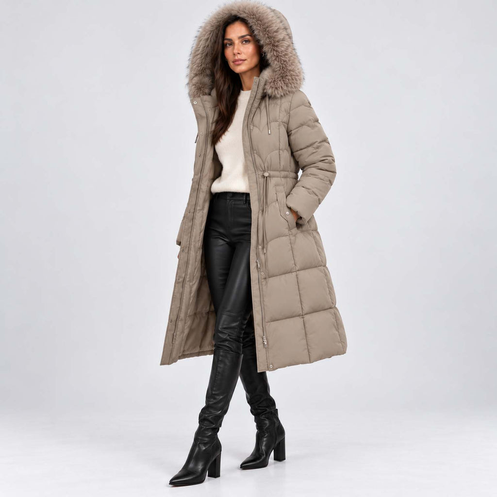 Monvaline | Women's Long Puffer Coat – Quilted Faux Fur Hood