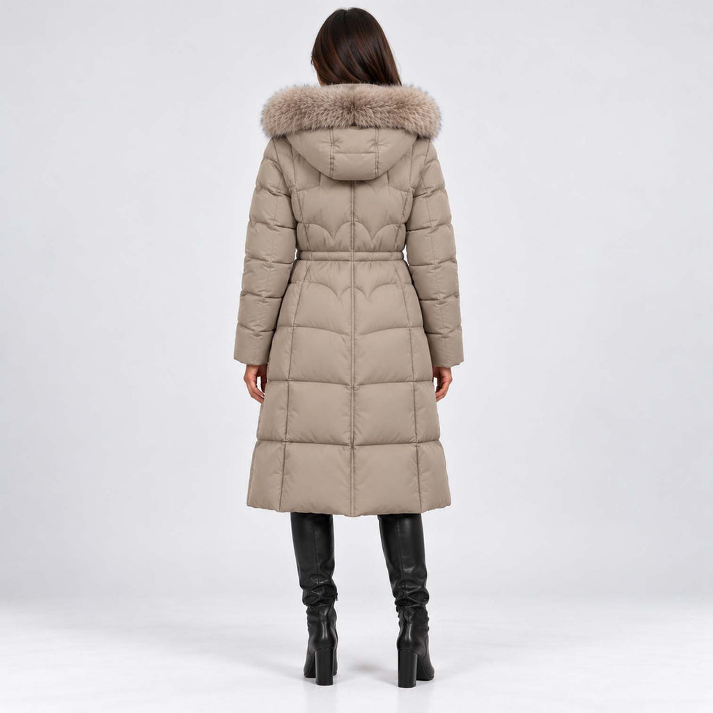 Monvaline | Women's Long Puffer Coat – Quilted Faux Fur Hood