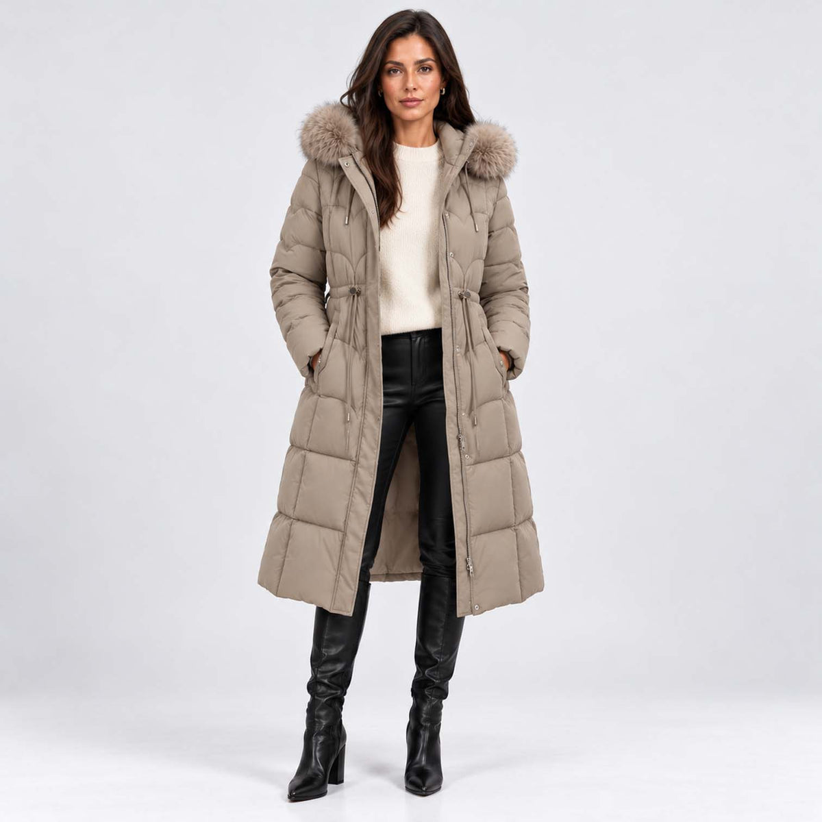 Monvaline | Women's Long Puffer Coat – Quilted Faux Fur Hood
