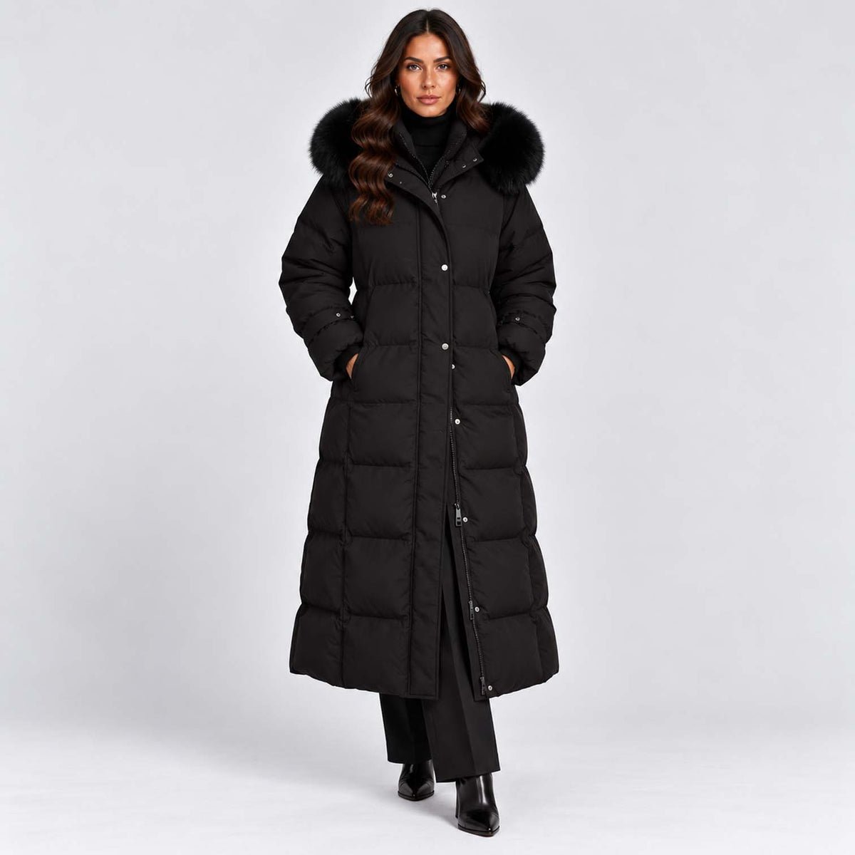 Monvaline | Women's Long Puffer Coat with Faux Fur Hood Black