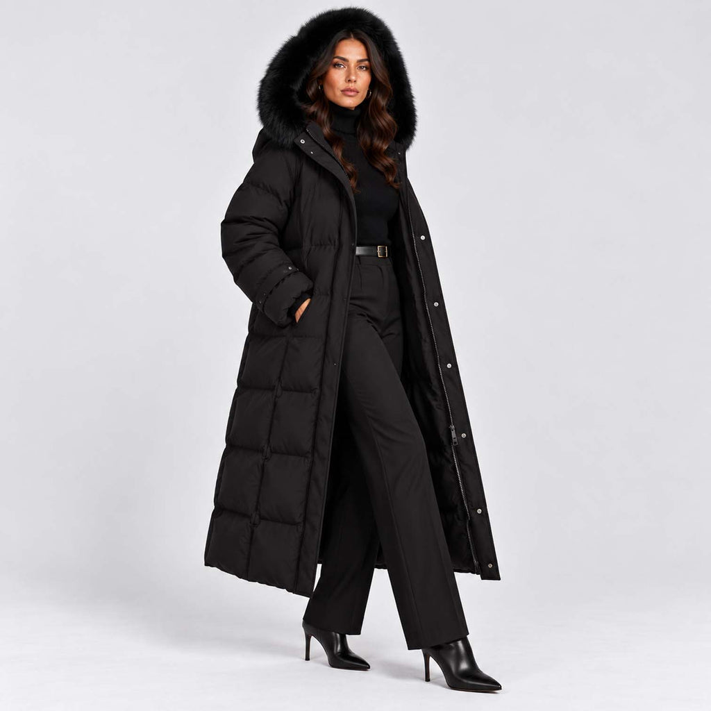Monvaline | Women's Long Puffer Coat with Faux Fur Hood Black