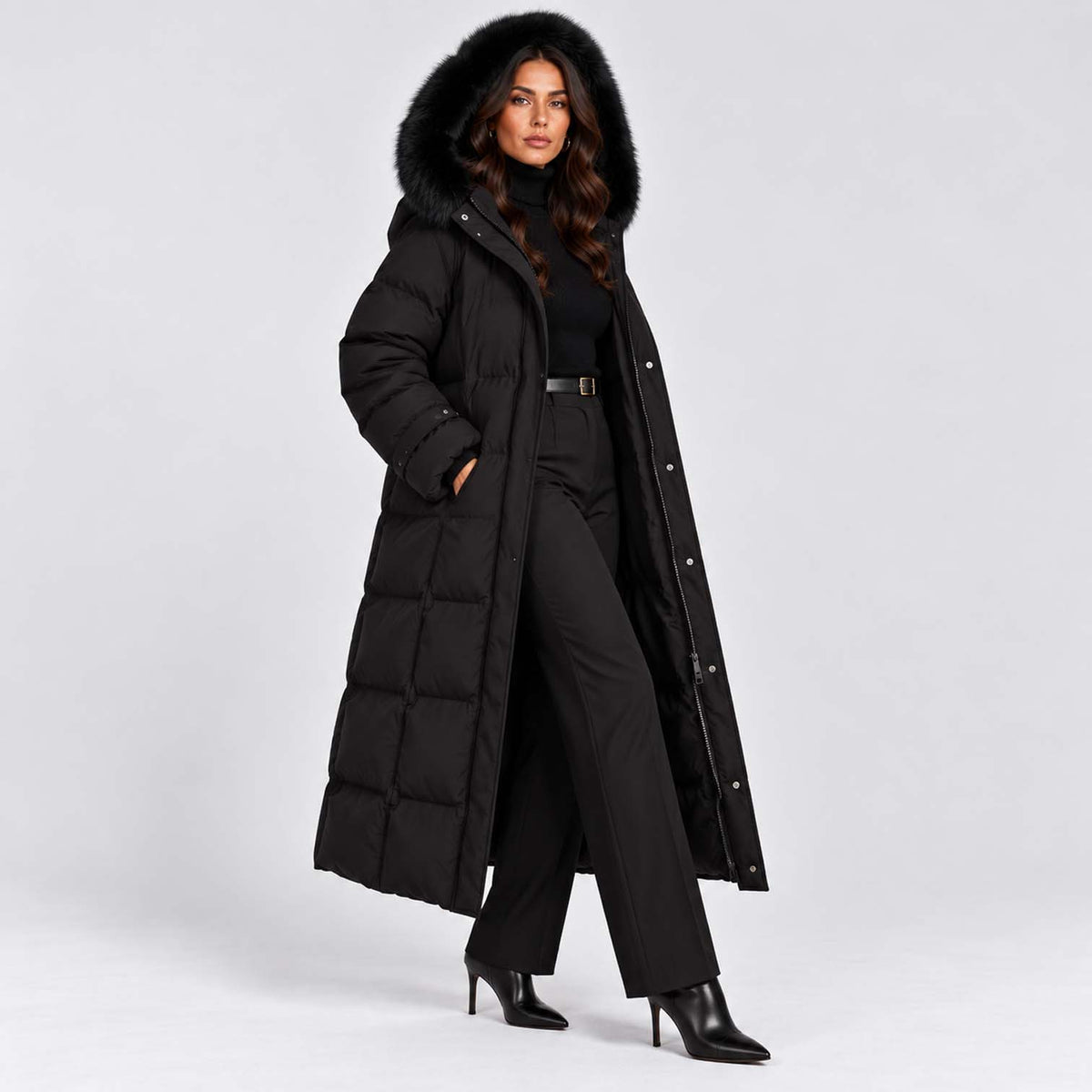 Monvaline | Women's Long Puffer Coat with Faux Fur Hood Black