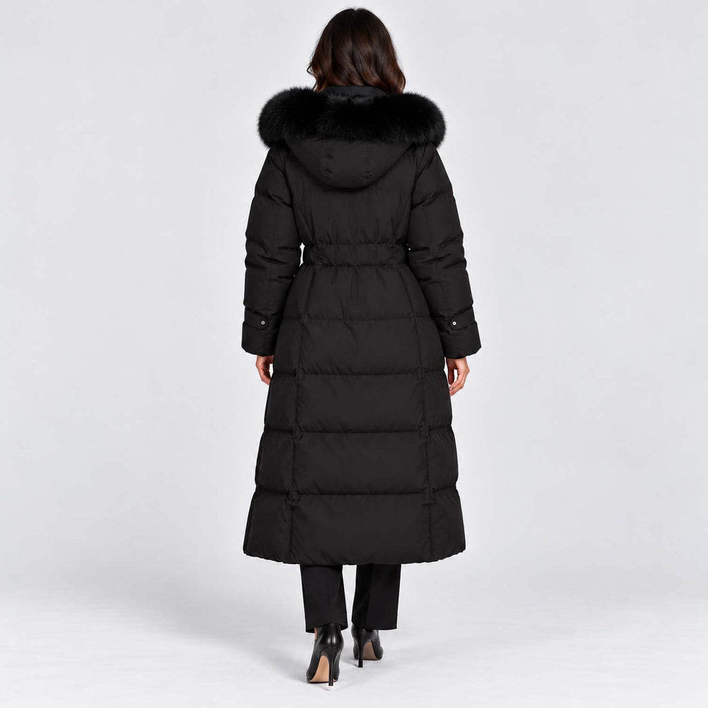 Monvaline | Women's Long Puffer Coat with Faux Fur Hood Black