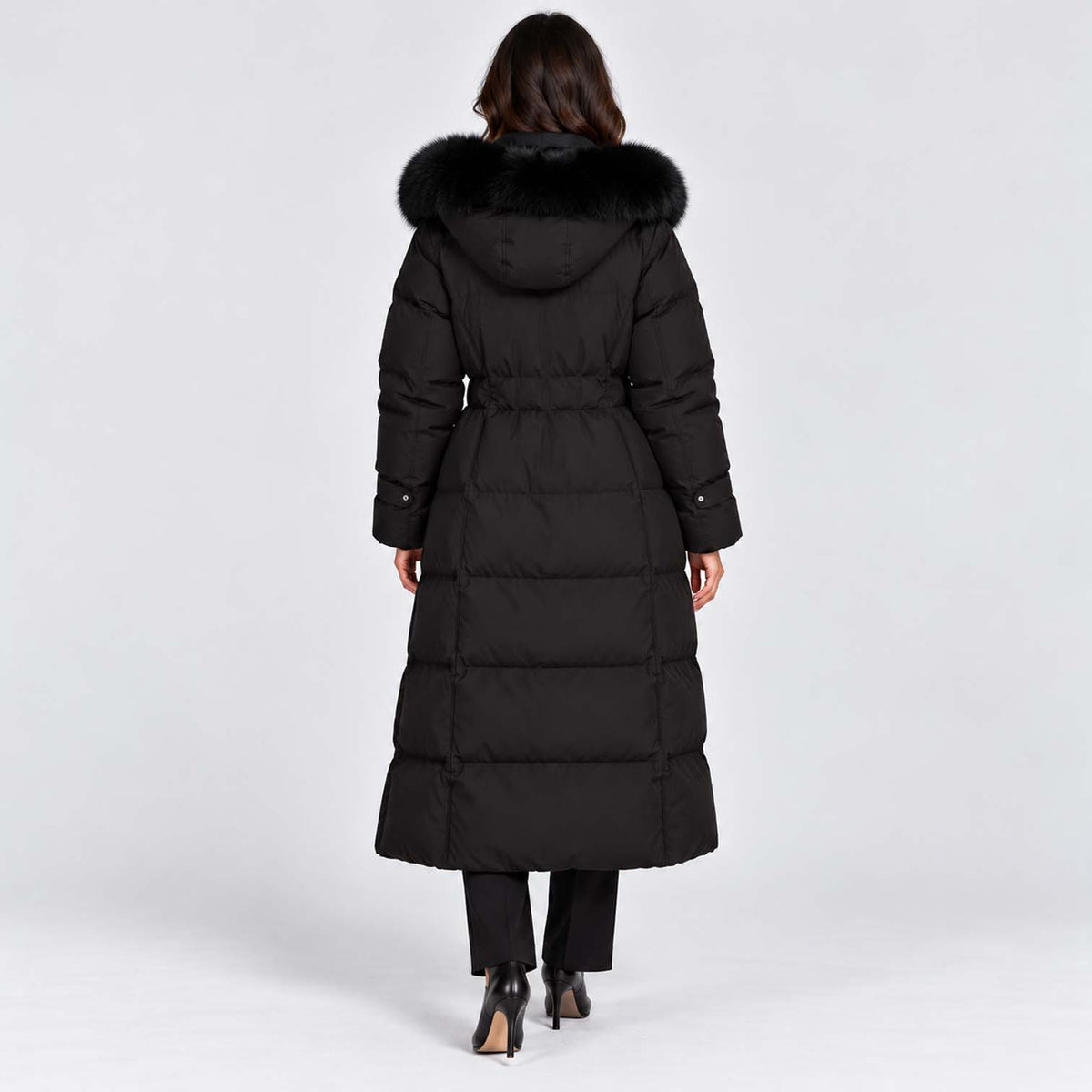 Monvaline | Women's Long Puffer Coat with Faux Fur Hood Black