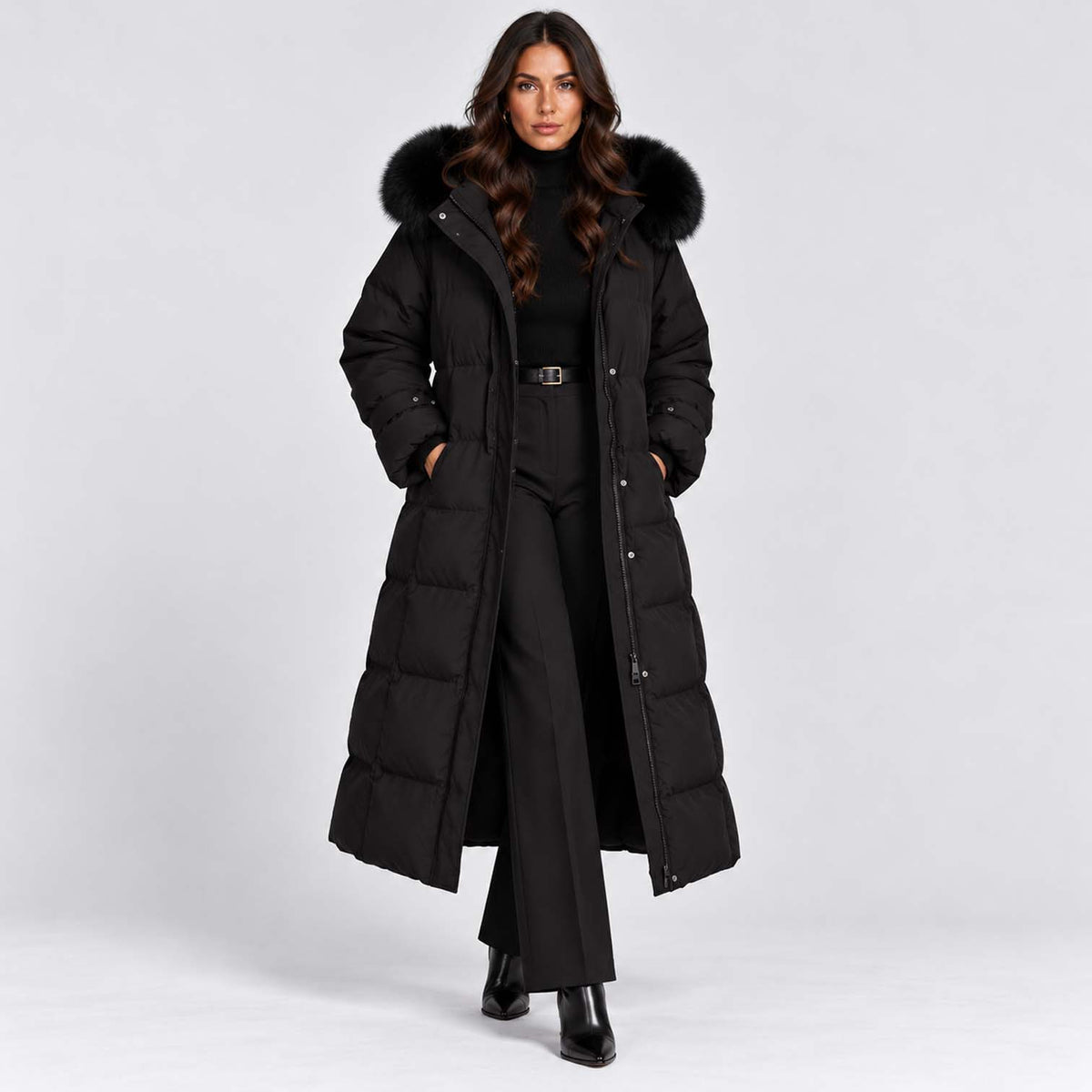 Monvaline | Women's Long Puffer Coat with Faux Fur Hood Black
