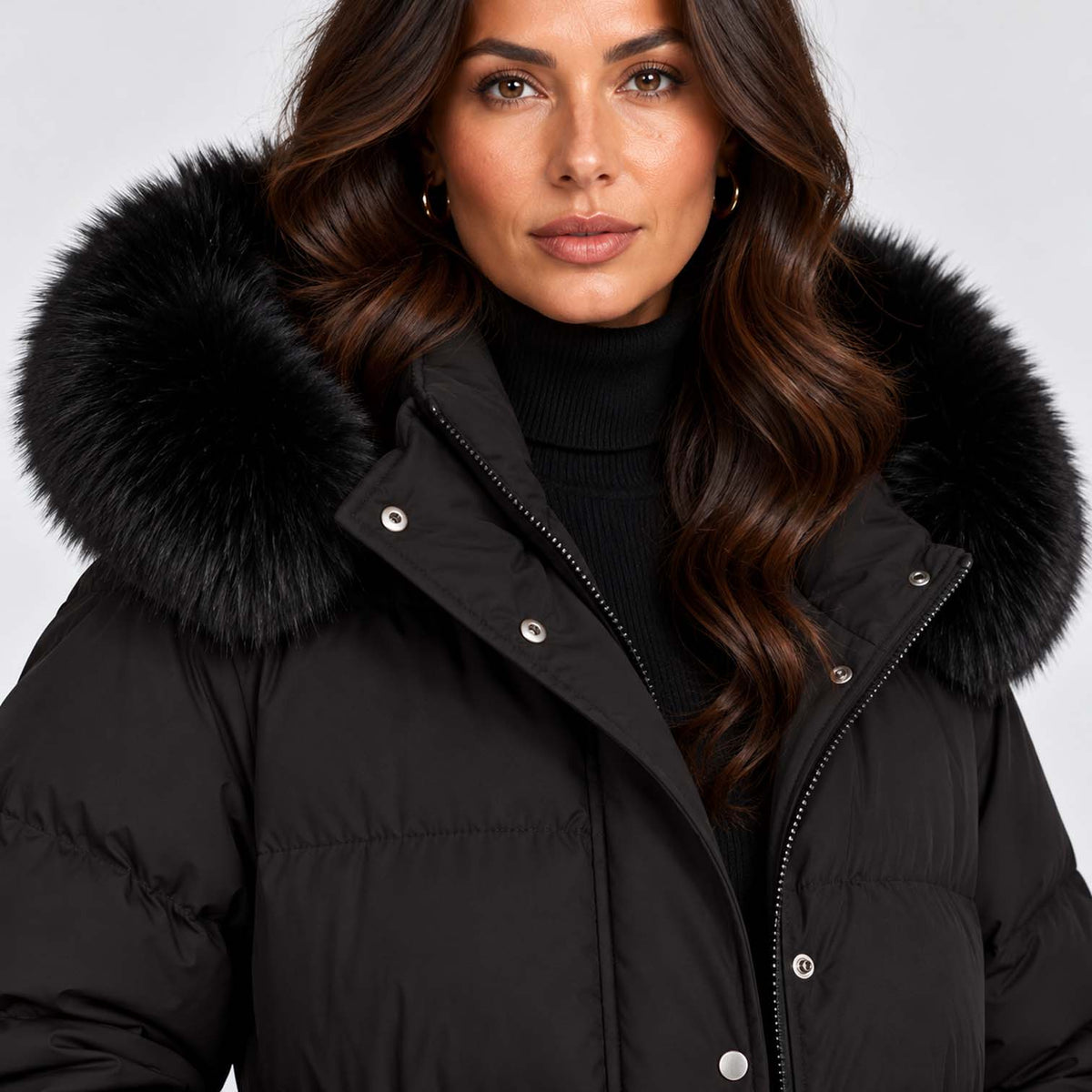 Monvaline | Women's Long Puffer Coat with Faux Fur Hood Black
