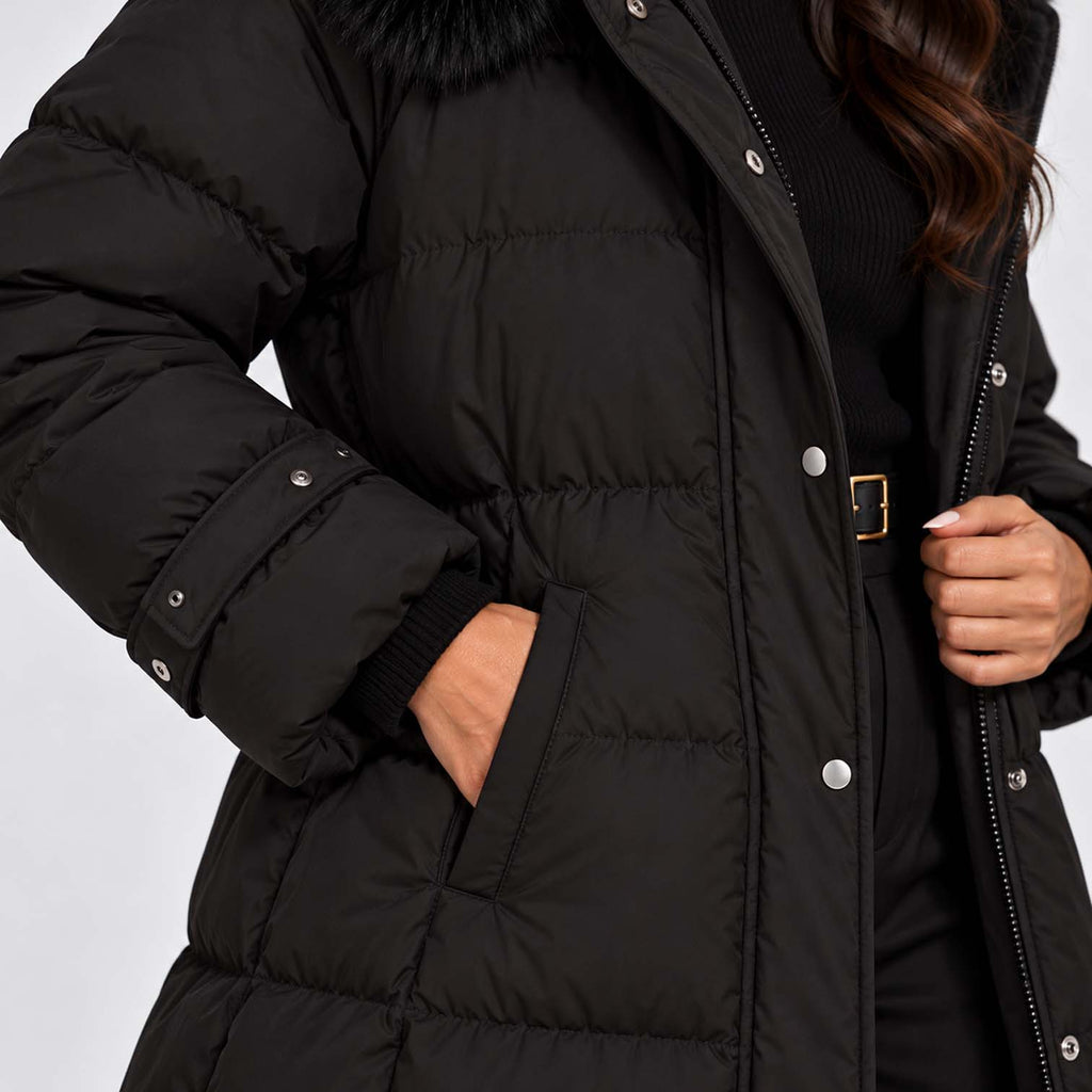 Monvaline | Women's Long Puffer Coat with Faux Fur Hood Black