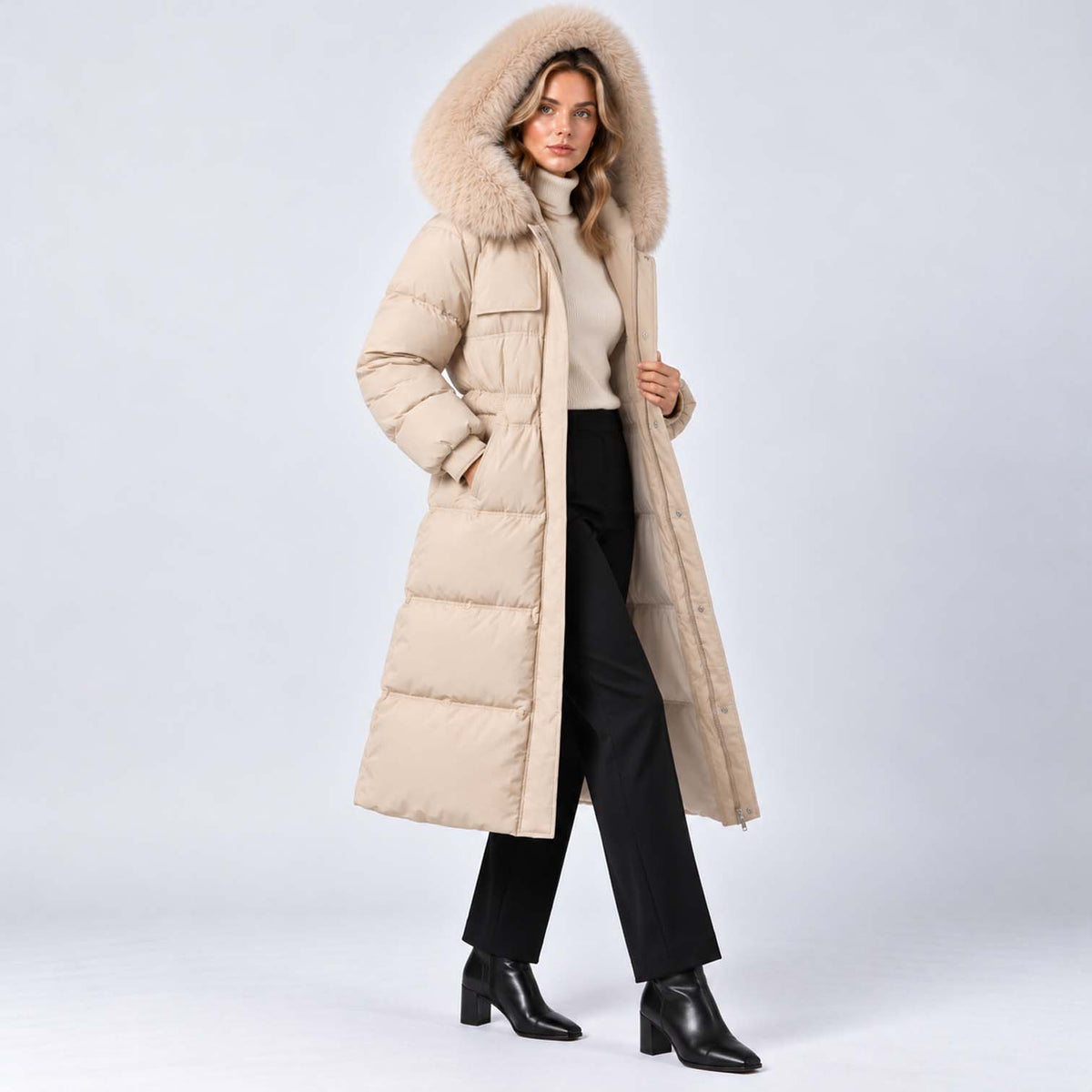 Monvaline | Women's Long Puffer Coat with Fur Hood