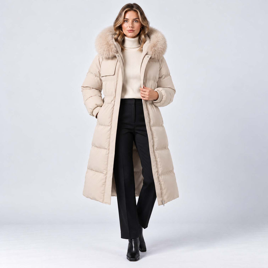Monvaline | Women's Long Puffer Coat with Fur Hood