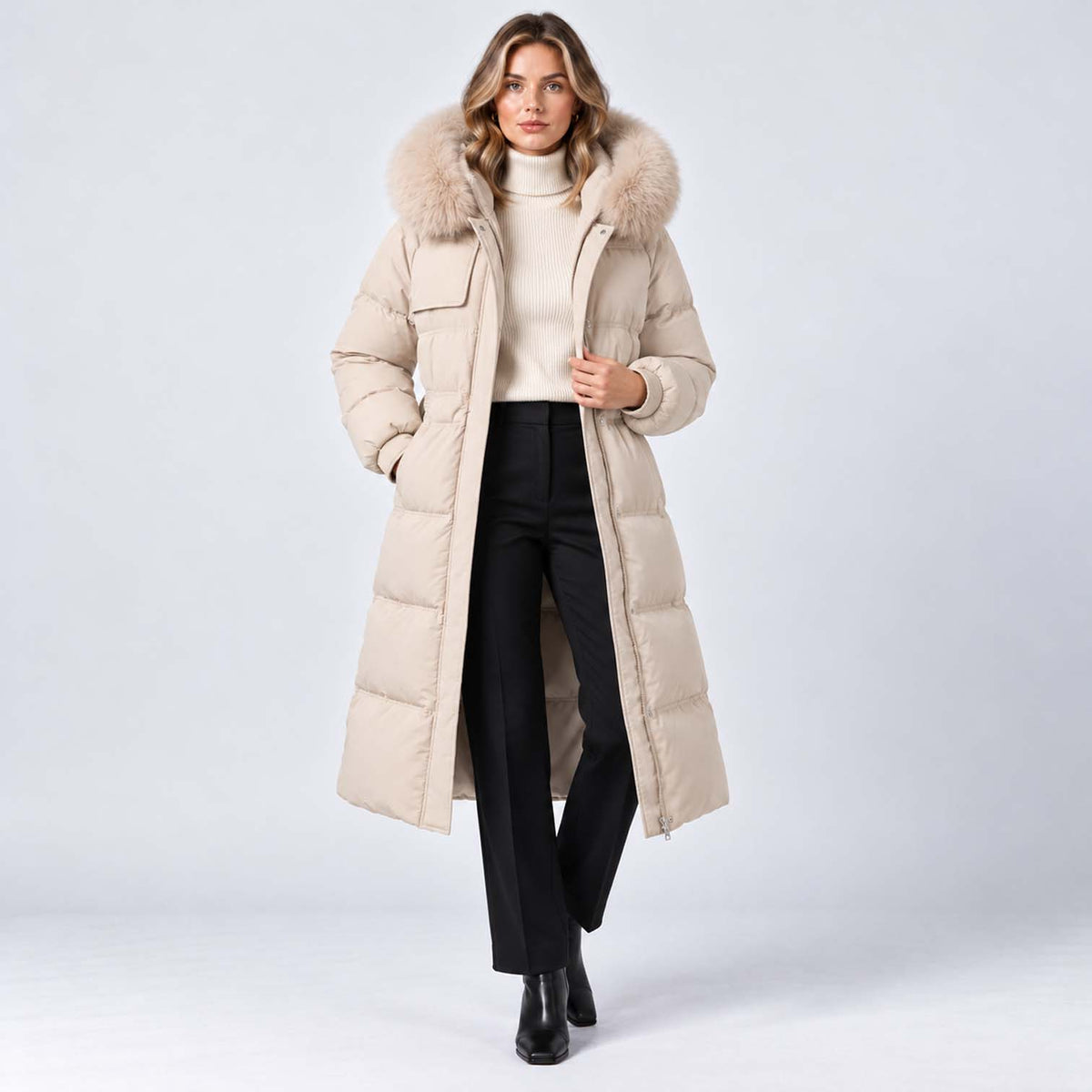 Monvaline | Women's Long Puffer Coat with Fur Hood