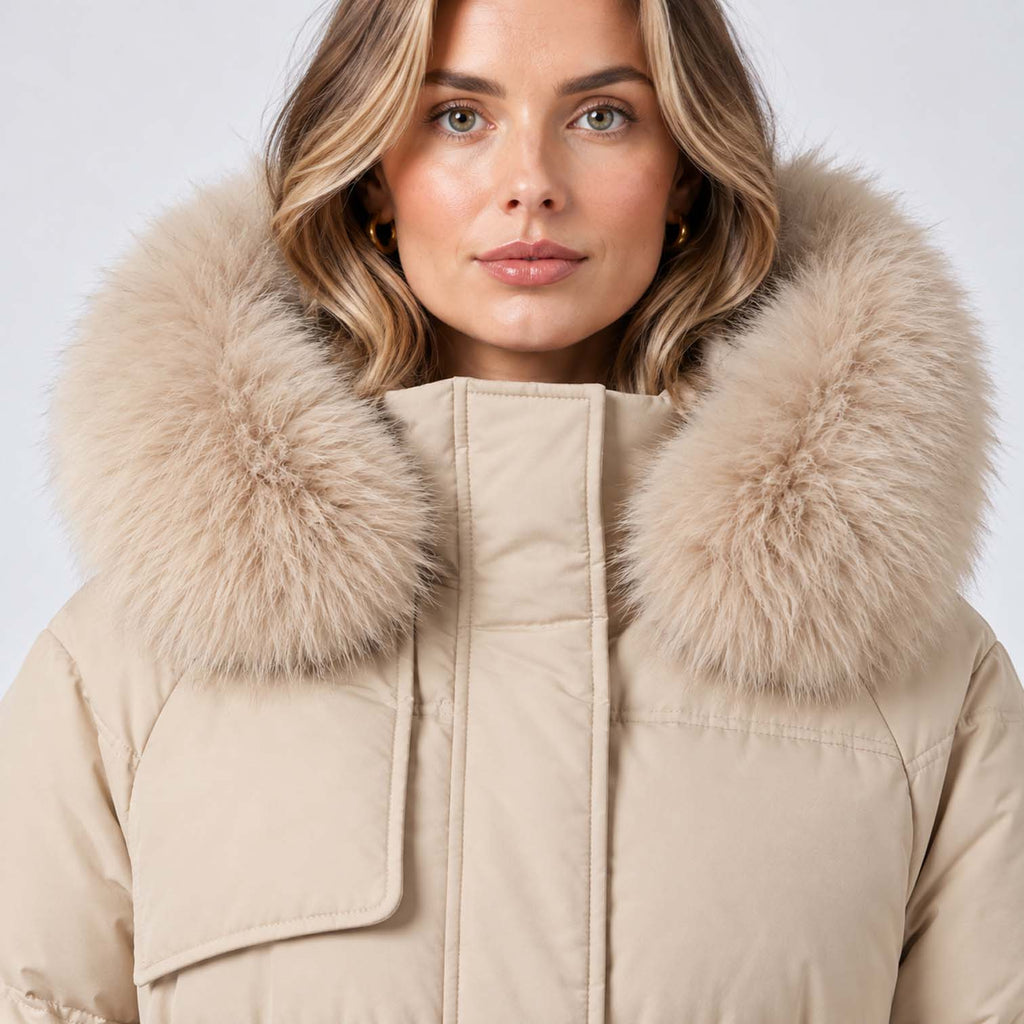 Monvaline | Women's Long Puffer Coat with Fur Hood