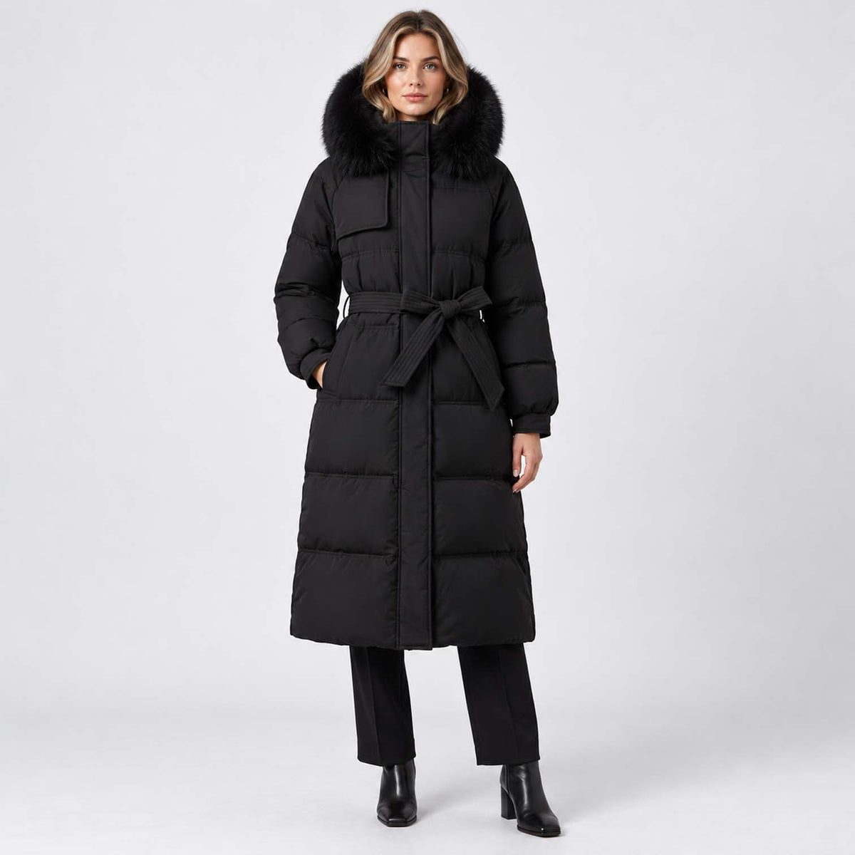 Monvaline | Women's Long Puffer Coat with Fur Hood