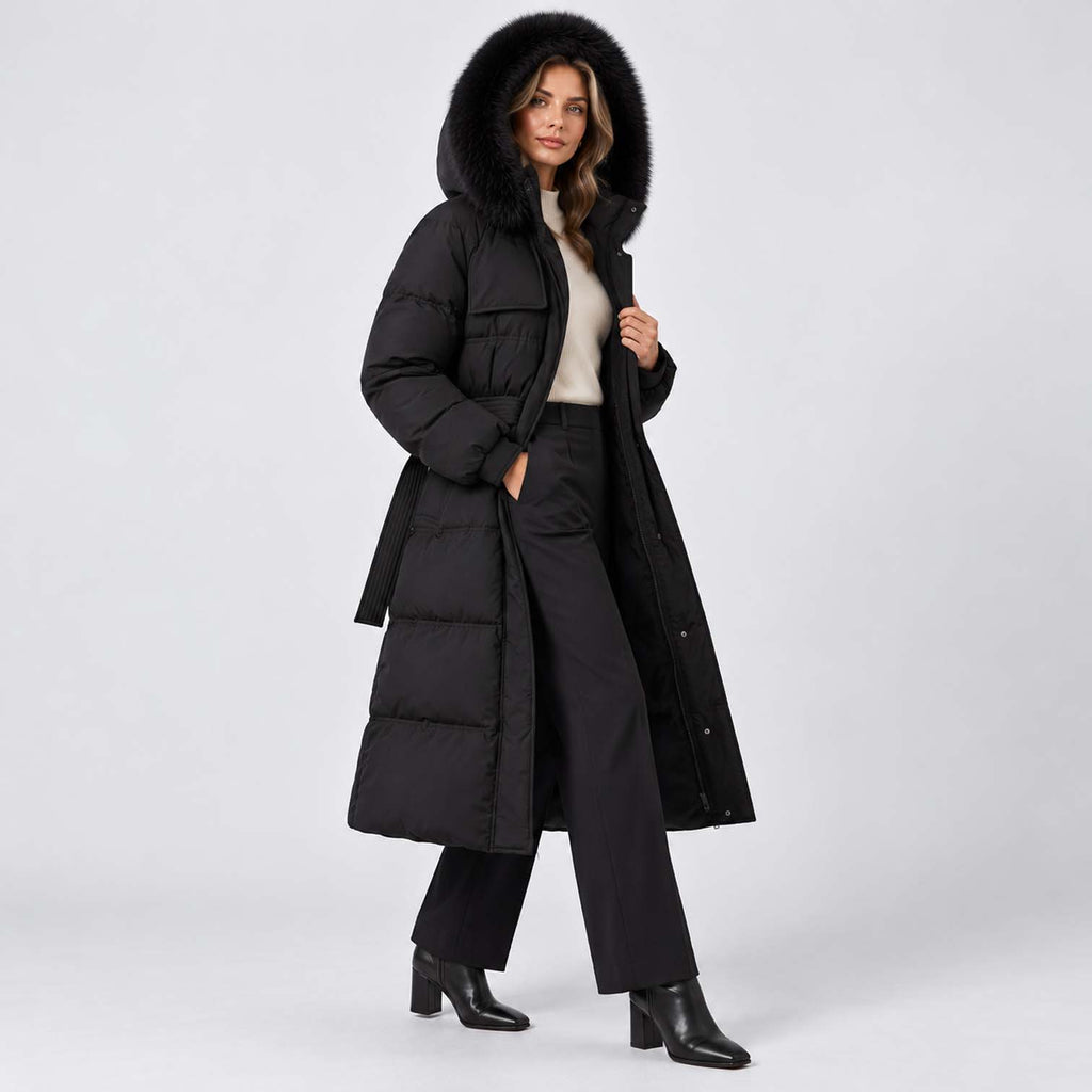 Monvaline | Women's Long Puffer Coat with Fur Hood