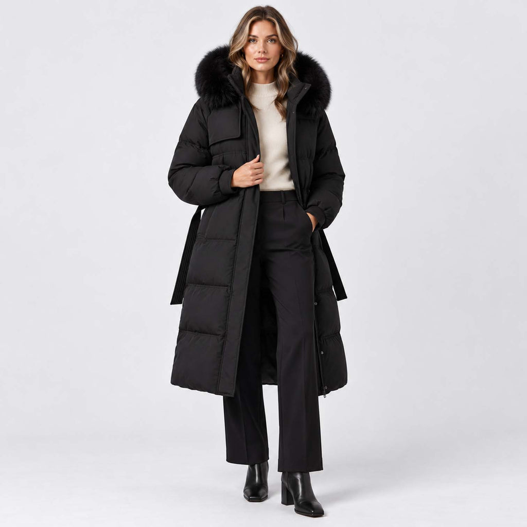 Monvaline | Women's Long Puffer Coat with Fur Hood