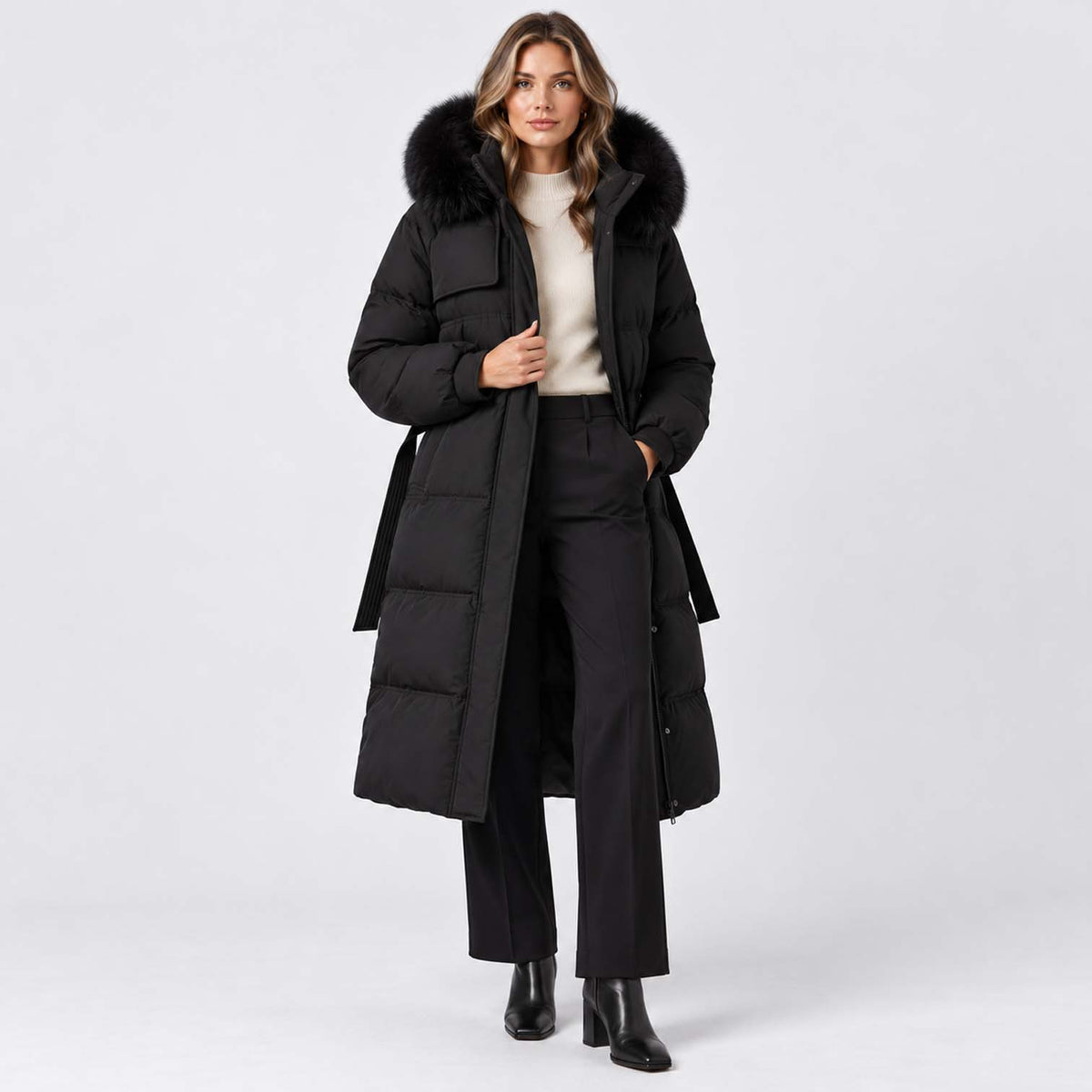 Monvaline | Women's Long Puffer Coat with Fur Hood