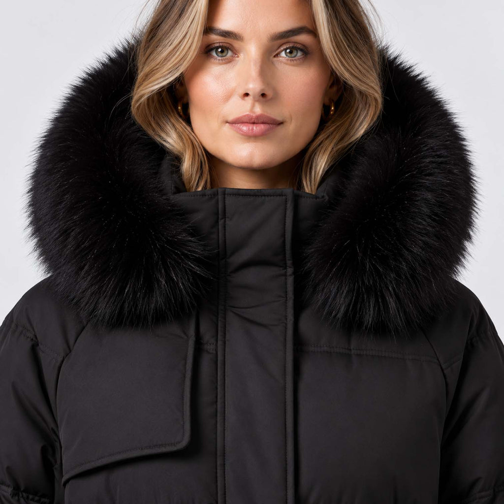Monvaline | Women's Long Puffer Coat with Fur Hood