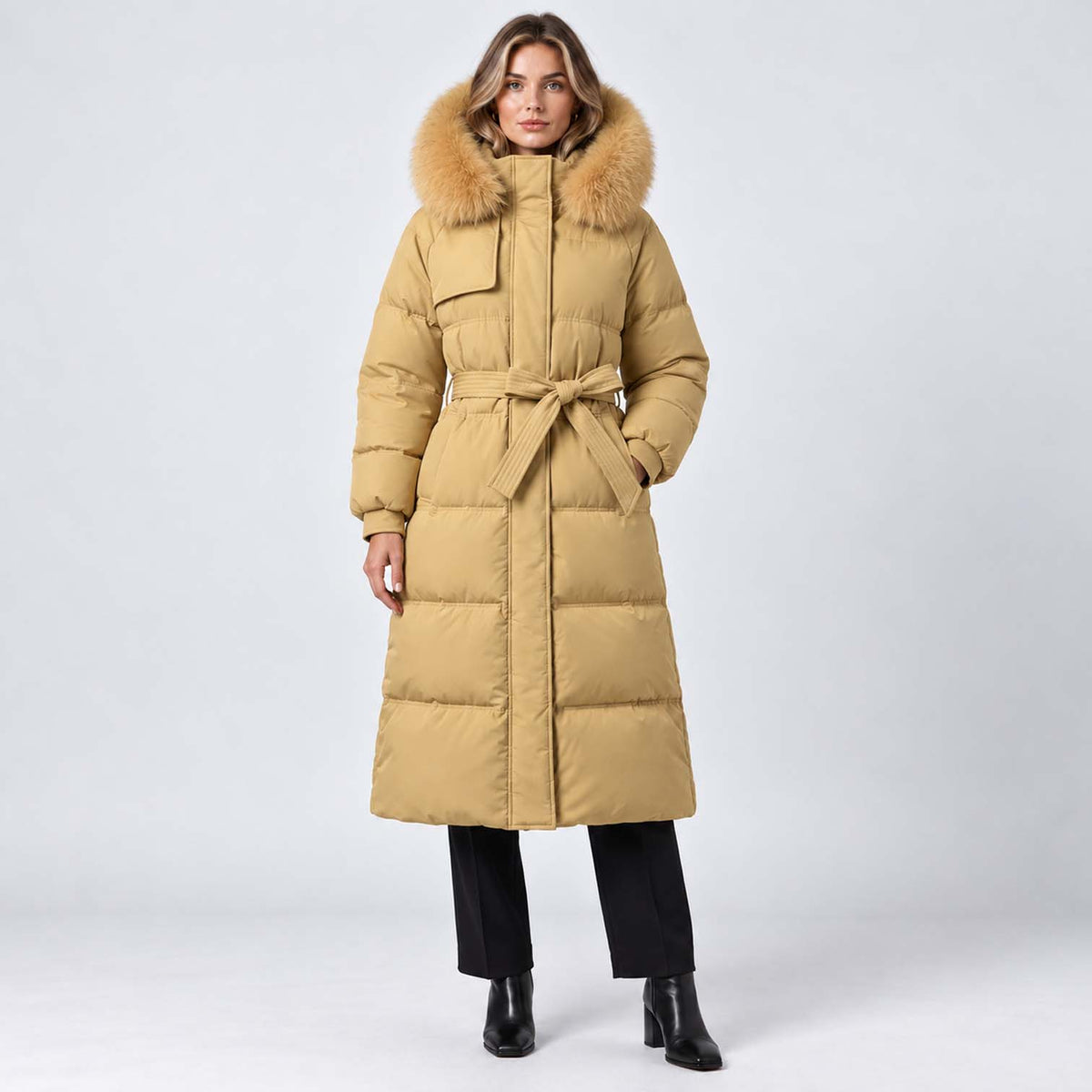 Monvaline | Women's Long Puffer Coat with Fur Hood