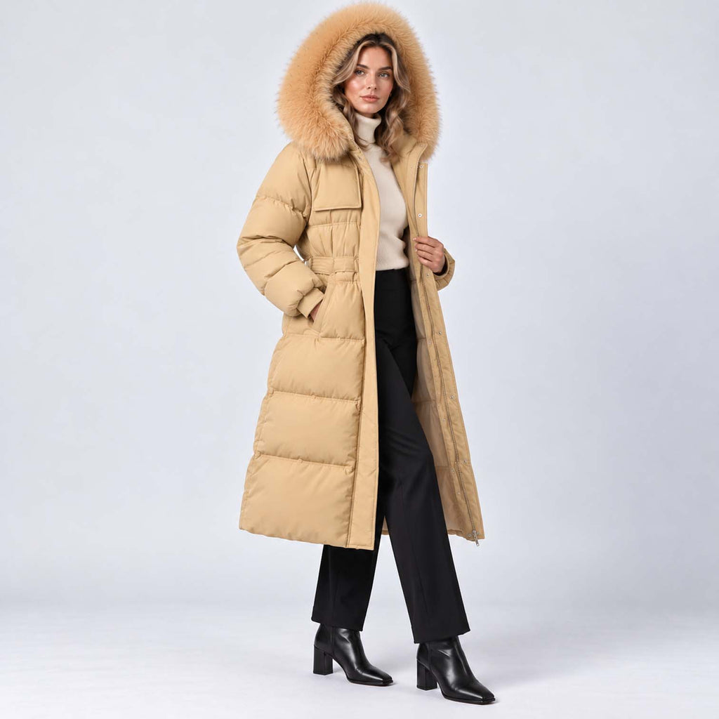 Monvaline | Women's Long Puffer Coat with Fur Hood