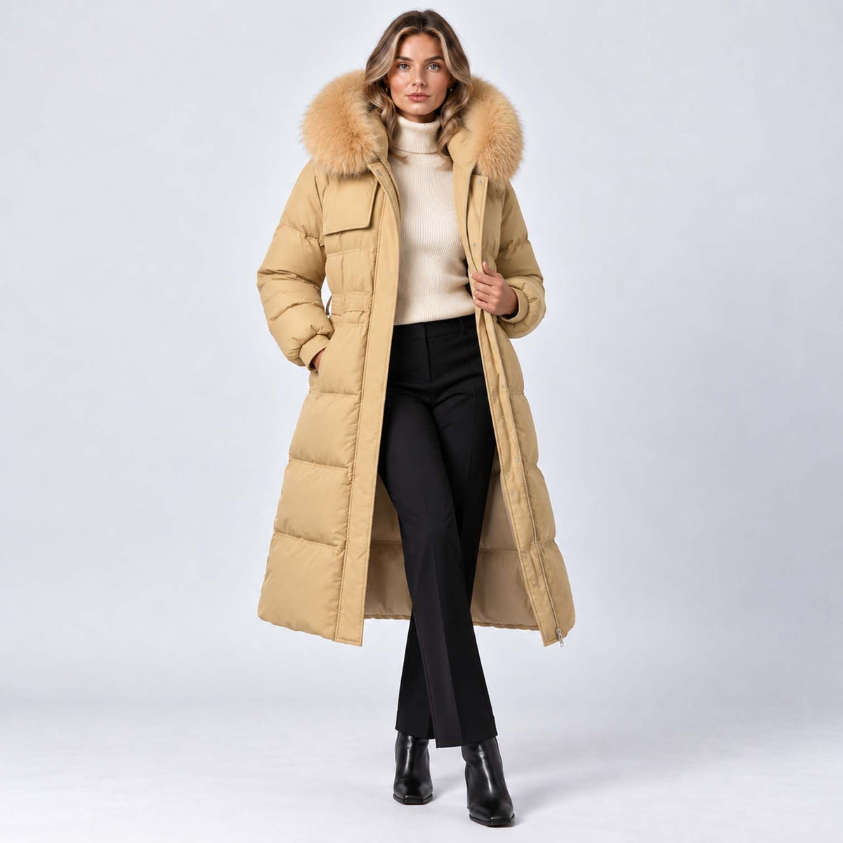 Monvaline | Women's Long Puffer Coat with Fur Hood