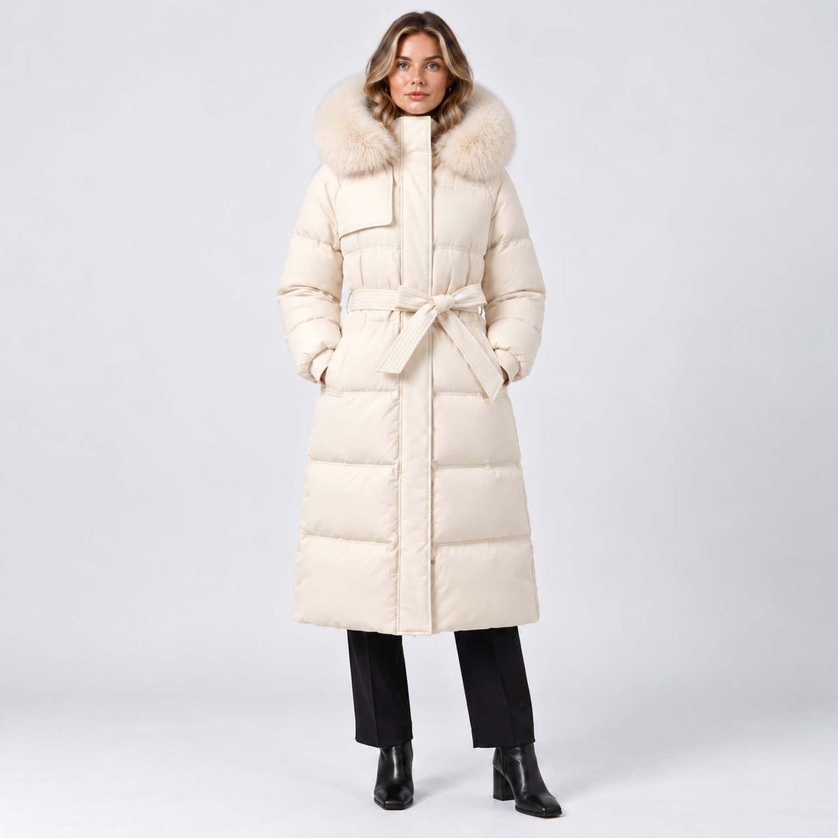 Monvaline | Women's Long Puffer Coat with Fur Hood