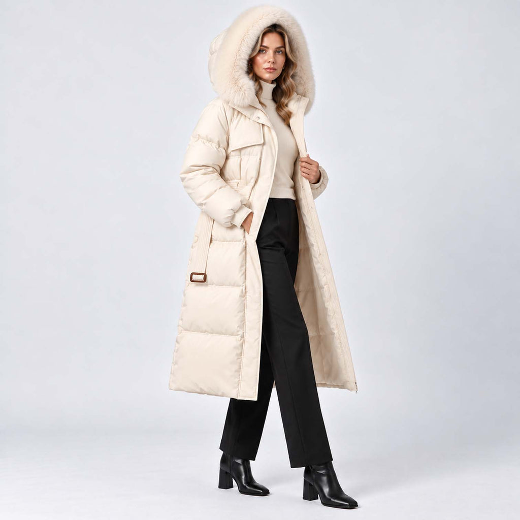 Monvaline | Women's Long Puffer Coat with Fur Hood