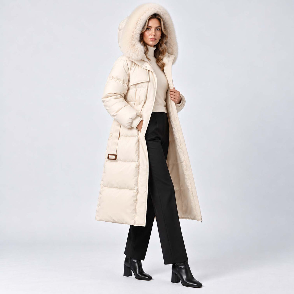 Monvaline | Women's Long Puffer Coat with Fur Hood