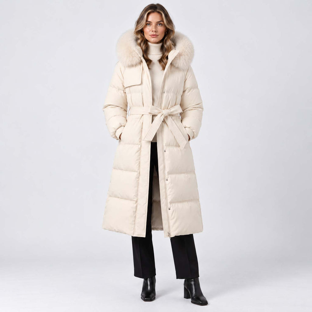 Monvaline | Women's Long Puffer Coat with Fur Hood