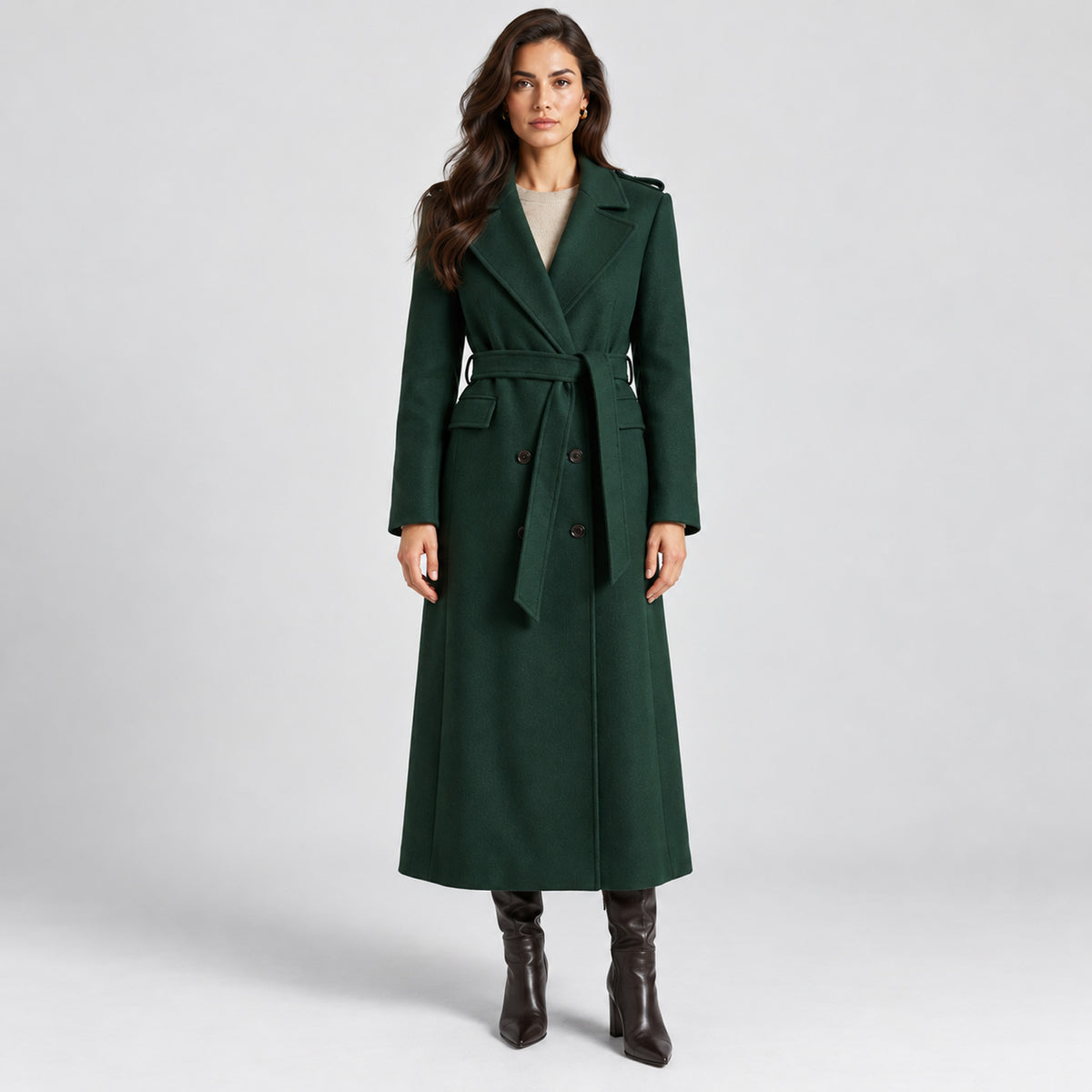 Monvaline | Women's Long Wool Blend Coat with Waist Belt