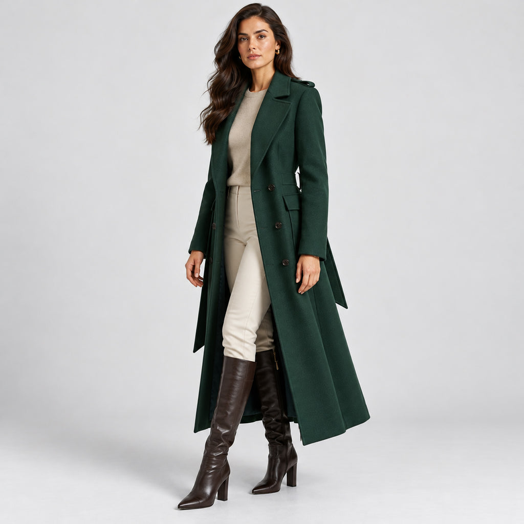 Monvaline | Women's Long Wool Blend Coat with Waist Belt