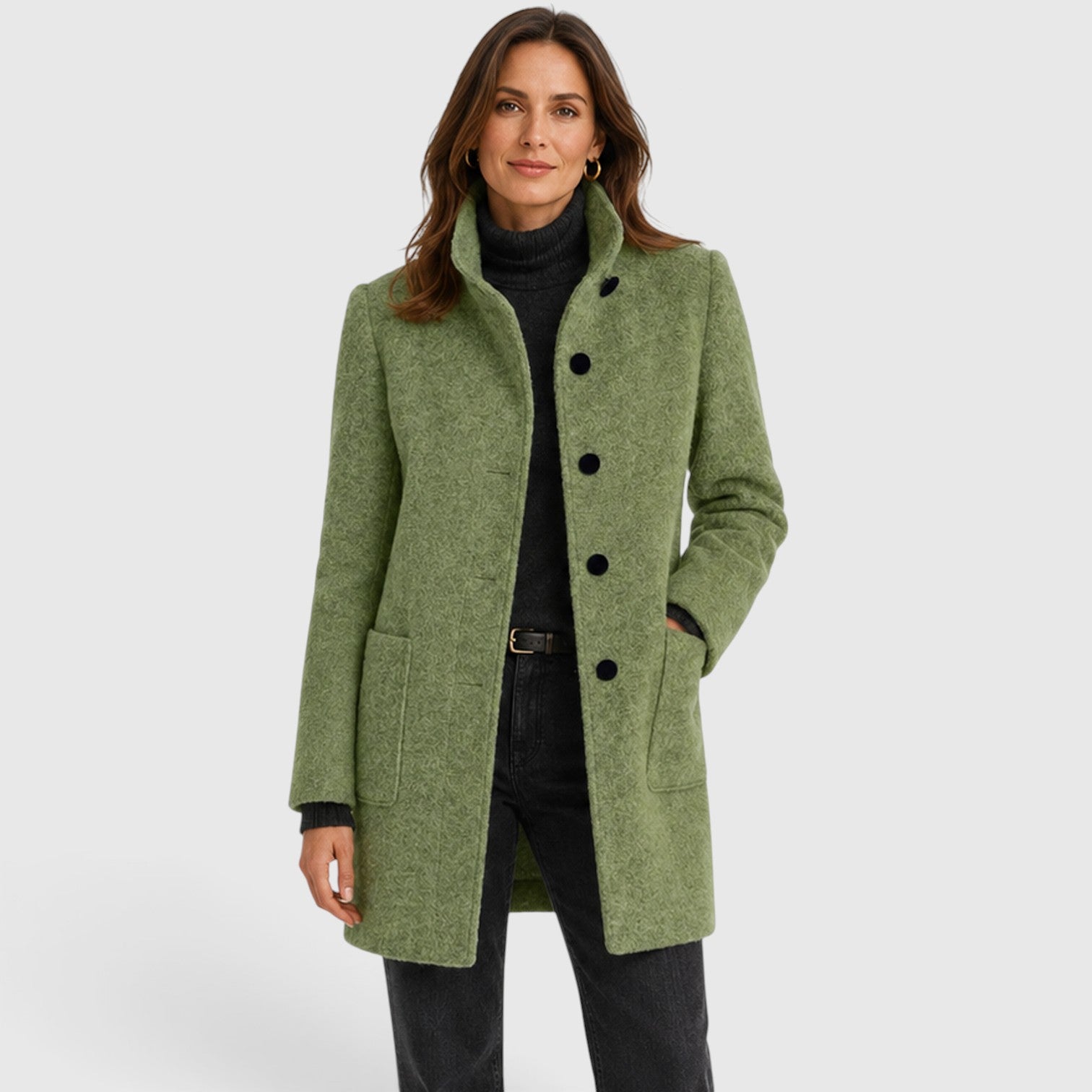 Monvaline | Women's Long Wool Coat – Tailored Button Front