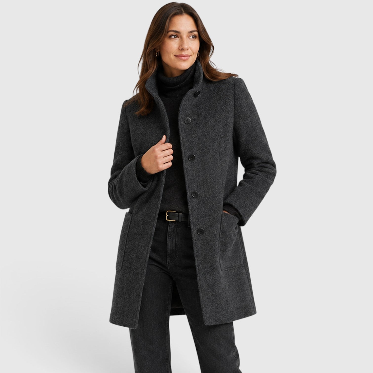 Monvaline | Women's Long Wool Coat – Tailored Button Front