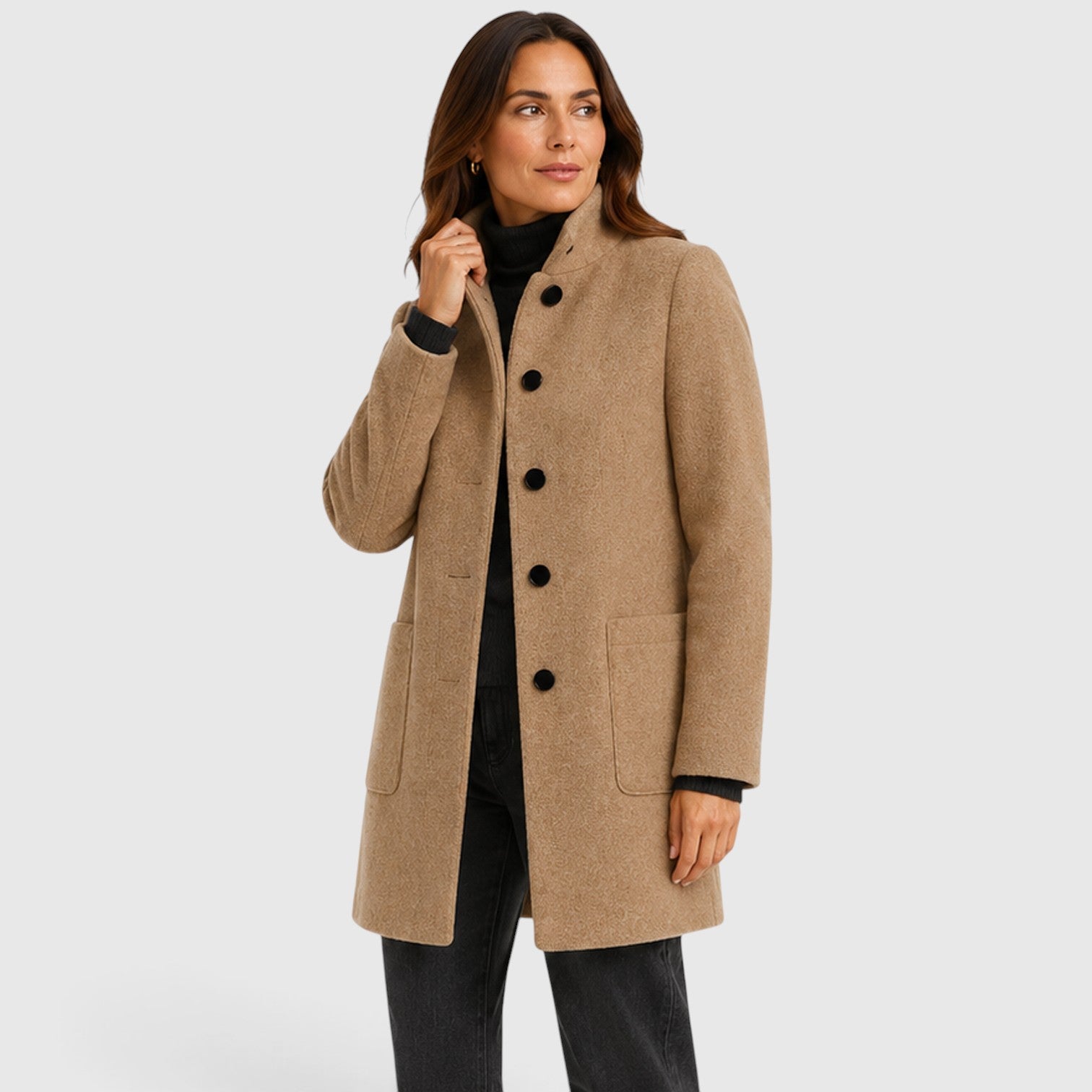 Monvaline | Women's Long Wool Coat – Tailored Button Front