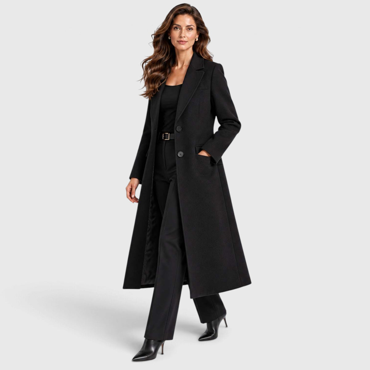 Monvaline | Women's Long Wool Coat Tailored Notched Lapel