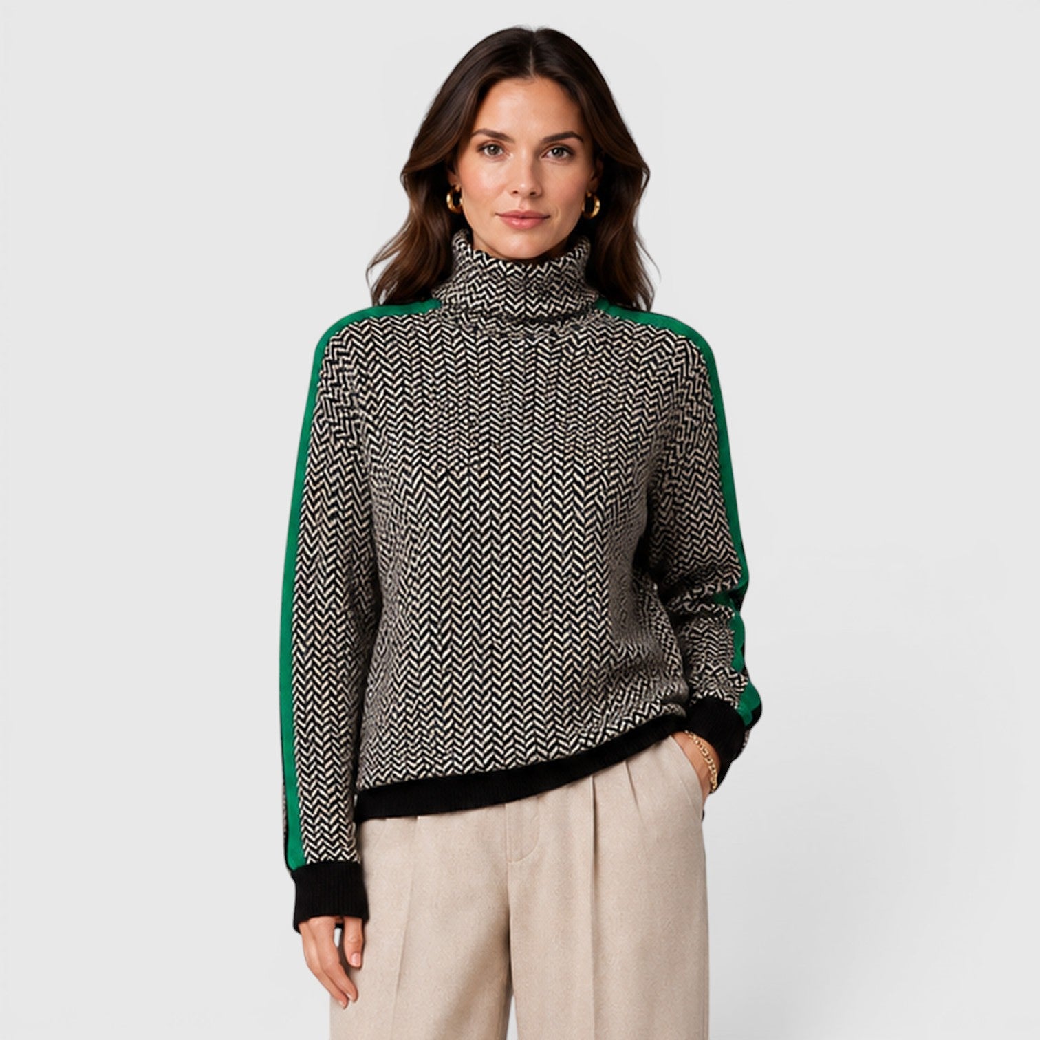 Monvaline | Women's Loose Fit Colour Block Turtleneck Jumper