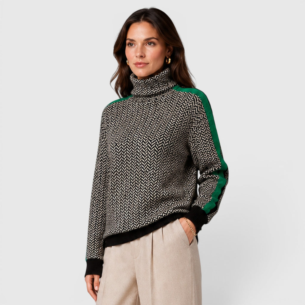 Monvaline | Women's Loose Fit Colour Block Turtleneck Jumper