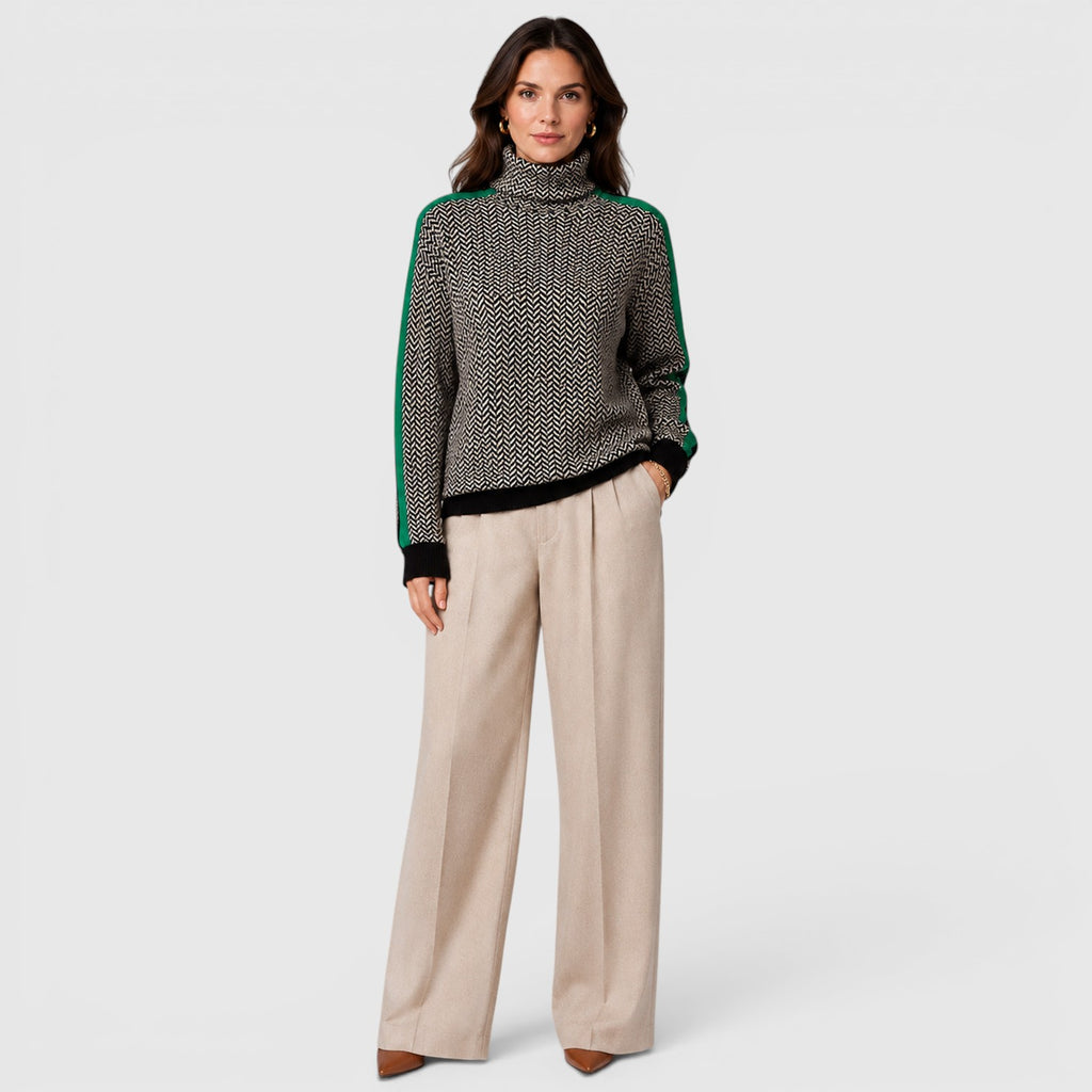 Monvaline | Women's Loose Fit Colour Block Turtleneck Jumper