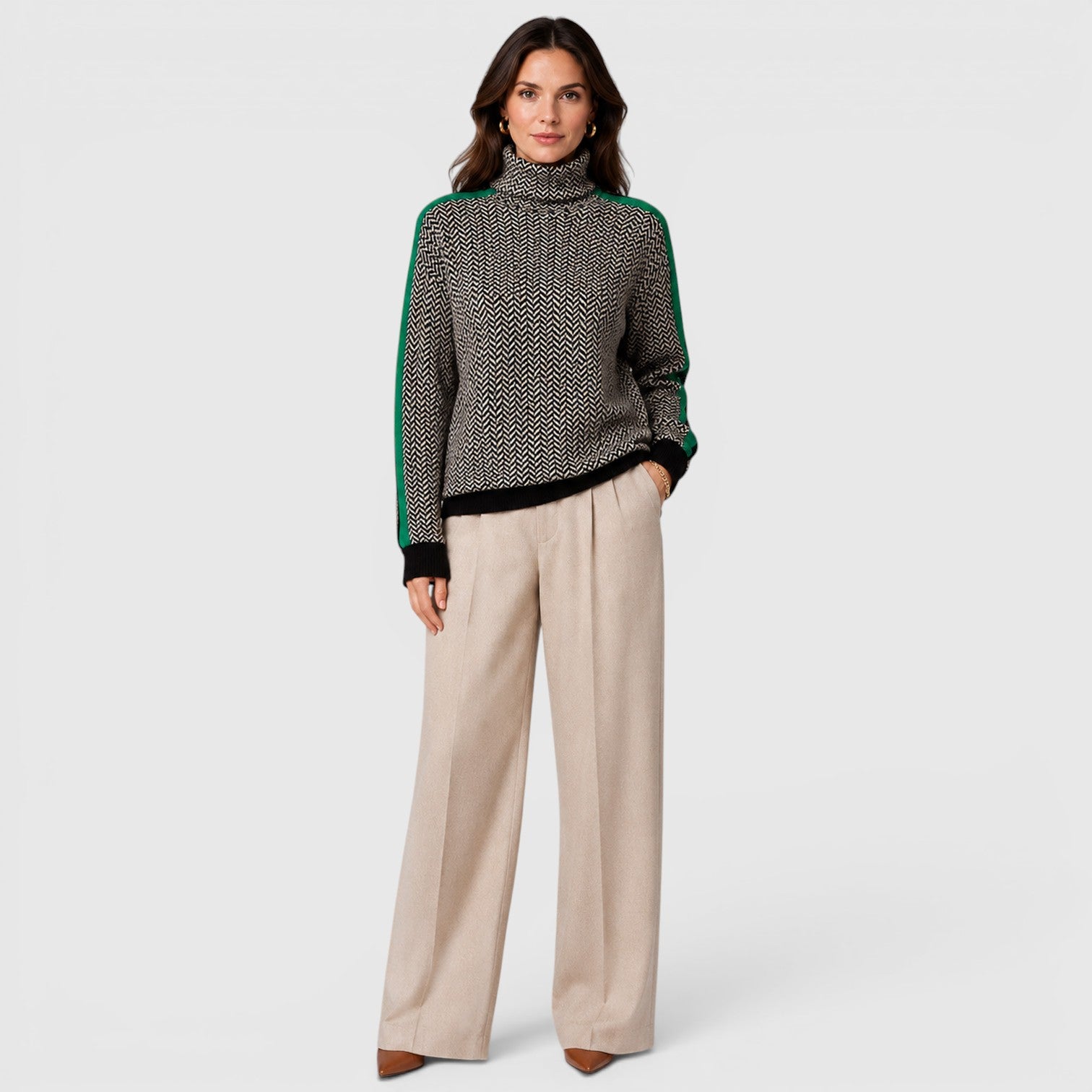 Monvaline | Women's Loose Fit Colour Block Turtleneck Jumper
